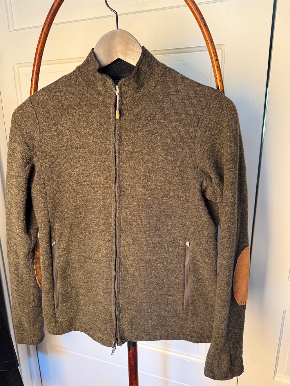 Ibex Brown Wool Full Zip Jacket Suede hiking outdoors USA Made Women’s Small